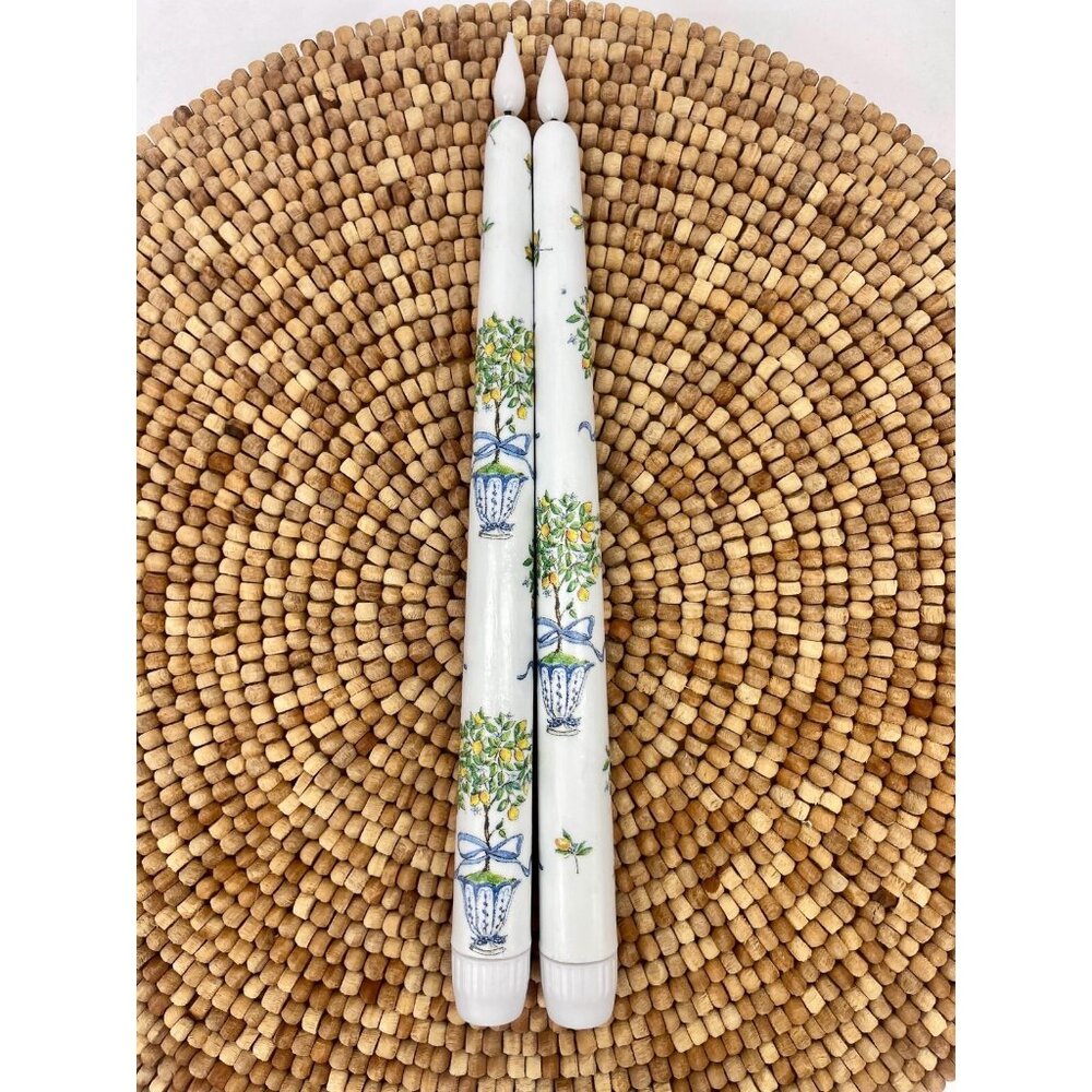 Lemon Tree Topiary Blue White Yellow Taper Candles Set of Two Battery Operated
